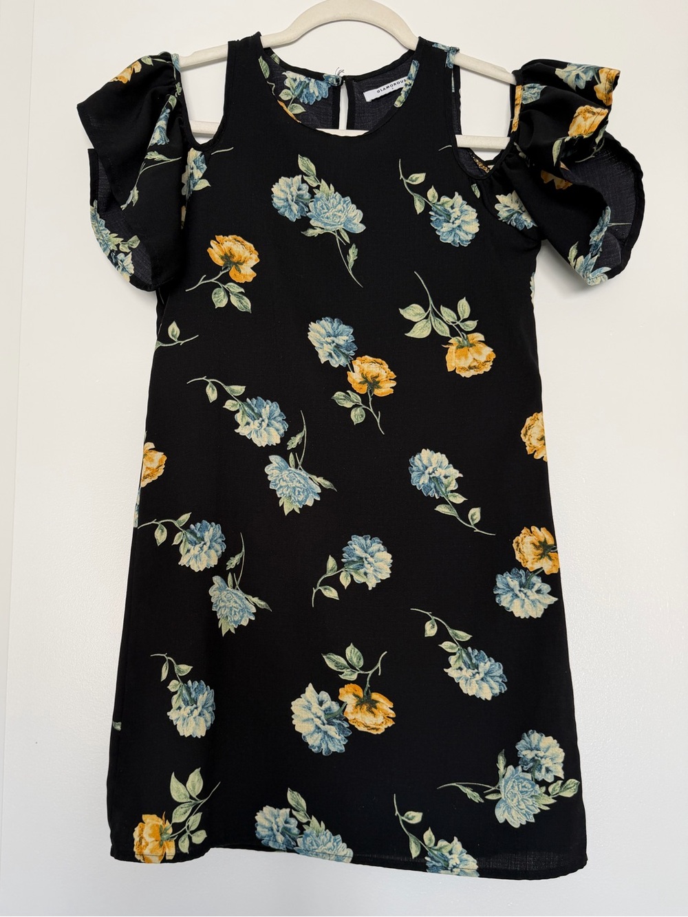 Glamorous Black Cold-Shoulder Dress with Yellow & Blue Floral Print